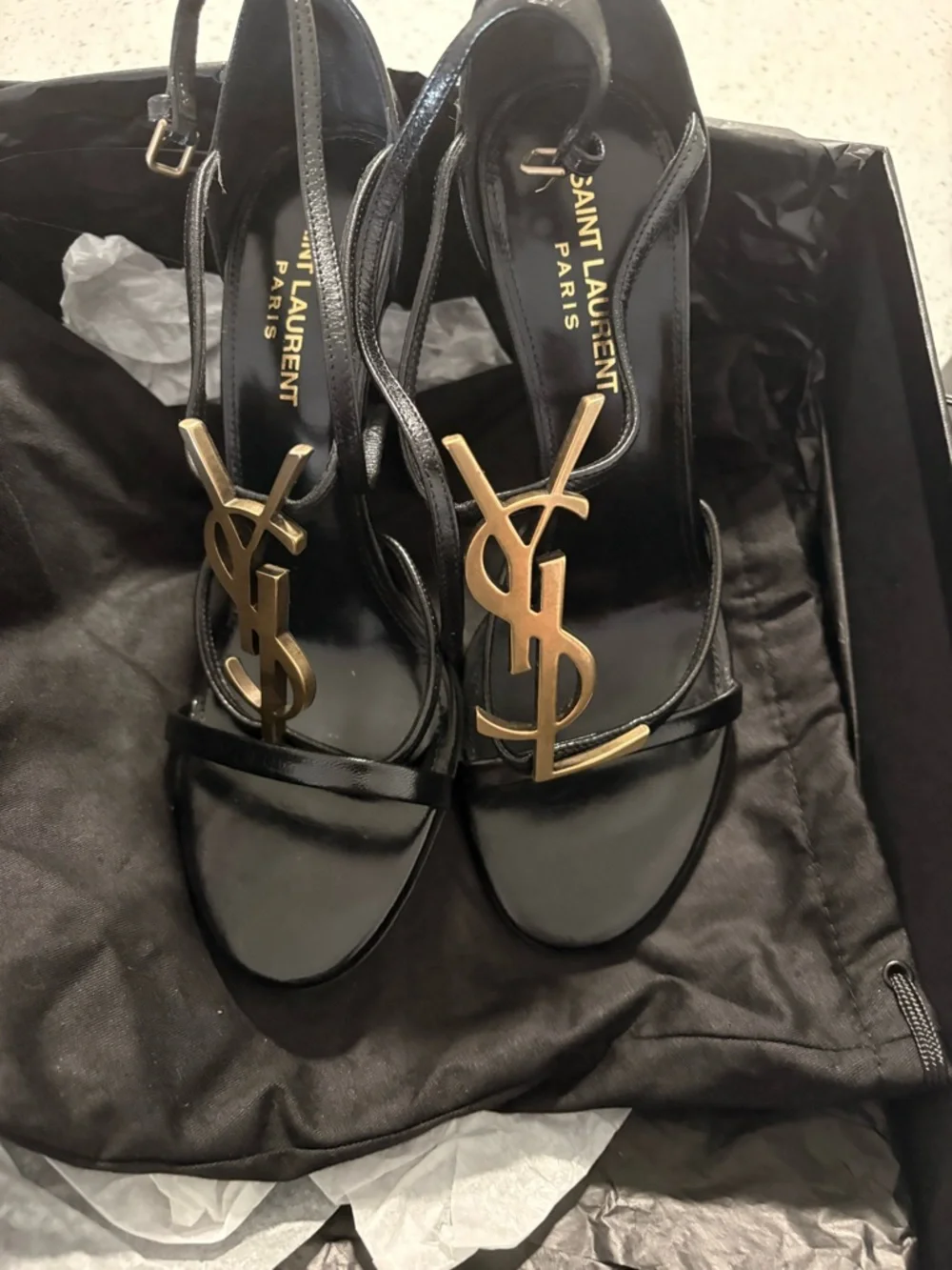 Saint Laurent Black Leather Sandal with Gold YSL Logo - Picture 4 of 7